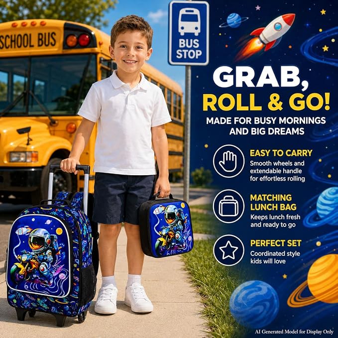 HPJGD 3PCS Astronaut Rolling Backpack for Boys, Kids School Backpacks with Wheels, Water Resistant UV Printed Roller Wheeled Bookbag Set - Image 7