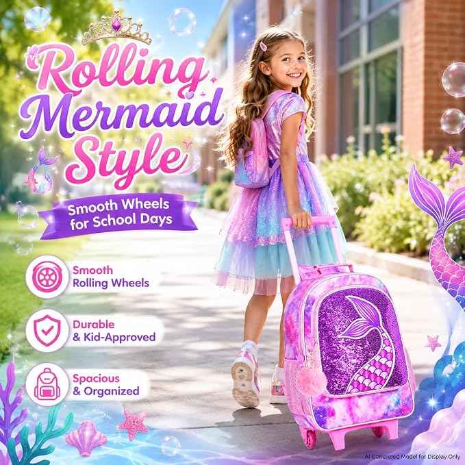 AGSDON 3PCS Rolling Backpack for Girls Boys, Kids Roller Wheels Bookbag, Wheeled School Bag with Lunch Bag - Image 2