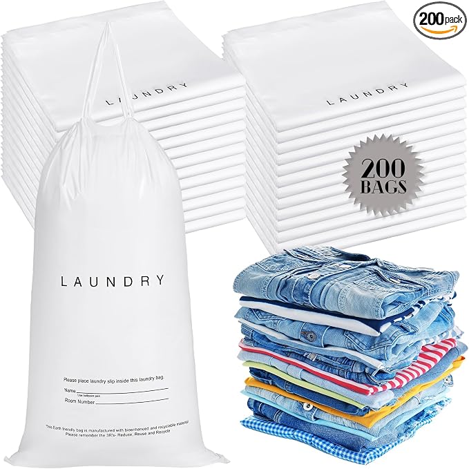 200 Pack Hotel Laundry Bags Bulk 1.38 Mil 14" x 24" Laundry Plastic with Drawstring Closure Writing Strips Patient Personal Belongings Dirty Clothes Bag for Factory Travel Hospital by Wowangce