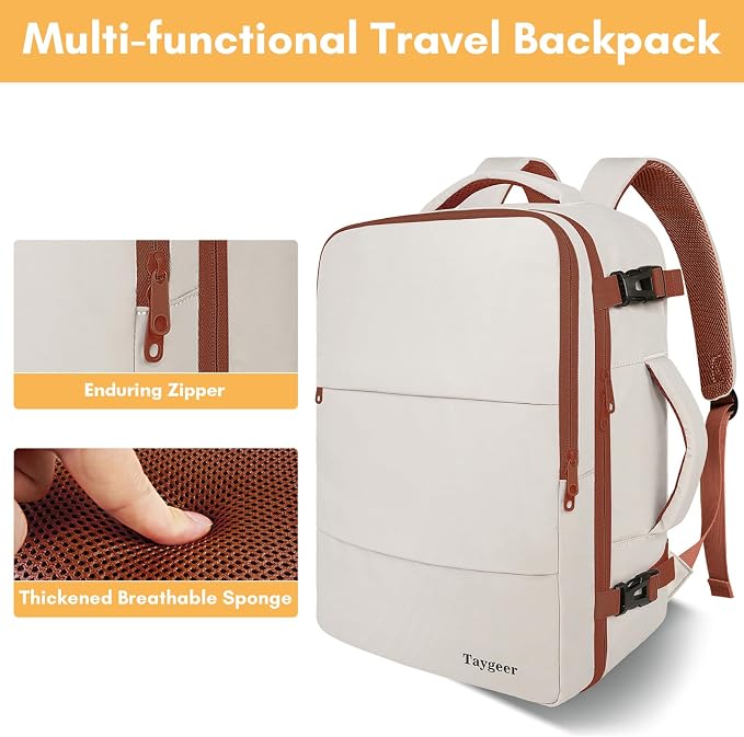 Taygeer Backpack for Women, College Backpack with Laptop Compartment | Travel Laptop Mochila Carry On Luggage with Shoe Pouch, Airline Approved Personal Item Bag For Weekender Hiking, Khaki White - Image 8
