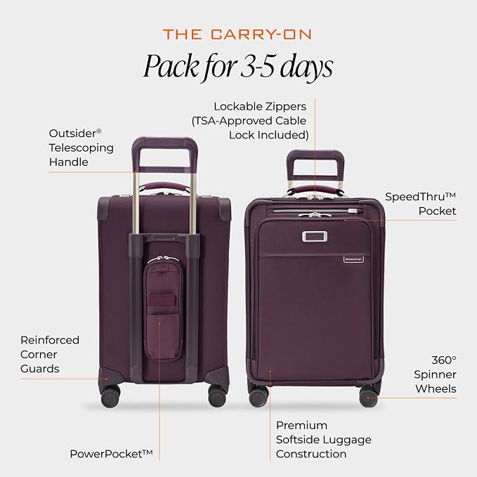 Briggs & Riley Essential 22" Carry On Expandable Spinner - Luggage for Travel, Suitcases with Wheels, Softside Rolling Bag for Men & Women, Self-Repairing Zipper - Baseline Collection, Plum - Image 3