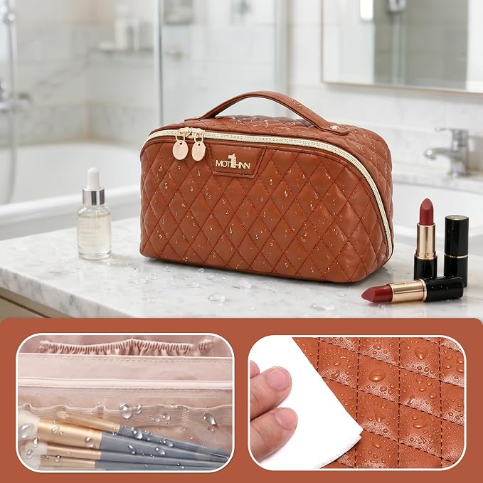 Travel Makeup Bags Cosmetic Organizer: 3Pcs Set Puffy Make up Bag for Women | Brown Premium Quilted ELEGANCE Design | Large Capacity Leather Toiletry Bags | Wide Open Compact Case for Travel Essentials - Image 2