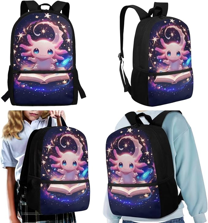 Reading Axolotl Kids Backpack & Lunch Bag Set, Lightweight Water-Resistant Bookbag with Padded Straps to Protects Shoulders, Leak-Proof Lunch Box Keeps Food Fresh fo 6+ Hours, Cute School Bag - Image 2