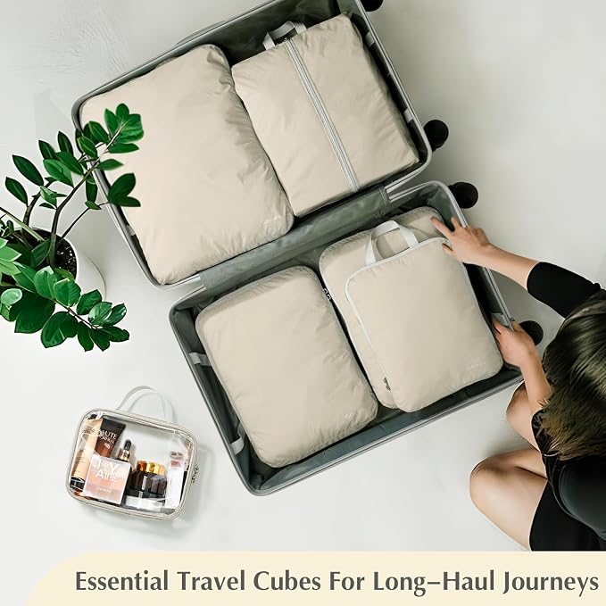 Gonex Compression Packing Cubes, 6pcs Expandable Storage Travel Luggage Bags Organizers with Shoe Bag, Clear Toiletry Bag (Cream) - Image 9