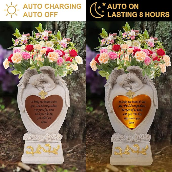 Cemetery Decorations for Grave, Garden Angel, Solar Lights, Family Memorial Statue, Funeral Gift, LED Vase, Crying Angel (Beige)