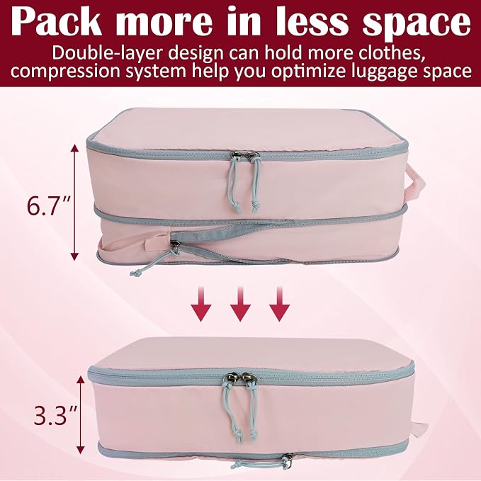 Extra Large Compression Packing Cubes for Travel Essentials, 2 Set Expandable Travel Cubes for Packing Compression Bags Luggage Suitcase Organizer, Pink - Image 2