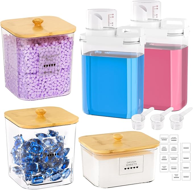 Homde Clear Laundry Detergent Dispenser: 3+2 Pack Reusable Pods Container with Lids for Dryer Balls - Plastic Sheets Holder Set for Scent Booster by Homde