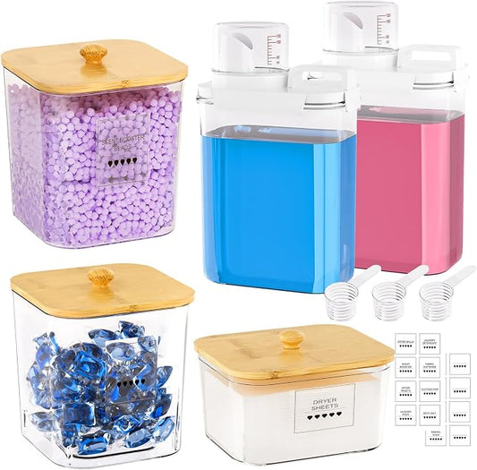 Homde Clear Laundry Detergent Dispenser: 3+2 Pack Reusable Pods Container with Lids for Dryer Balls - Plastic Sheets Holder Set for Scent Booster by Homde