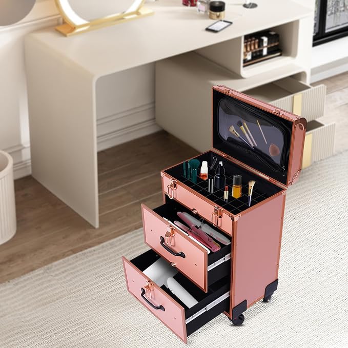 Rolling Makeup Case Cosmetic Train Cases Large Cosmetic Trolley with Locks Cosmetic Storage Organizer Travel Case Salon Barber Case for Makeup Artist Tattooist Nail Tech Hairstylists (Type D, Gold) - Image 2