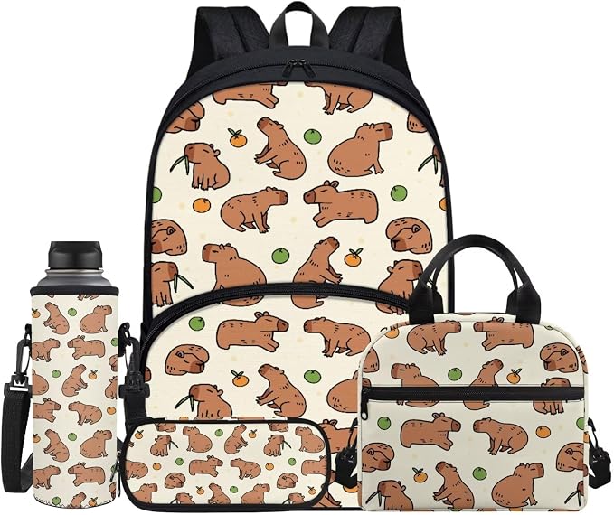 4Piece Cartoon Capybara Backpack Kids Schoolbag Sets with Lunch Box, Pencil Car Water Holder Sleeve Crossbody Bag for Boys Girls，17Inch Large Capacity Bookbag Casual Daypack for Travel by FUIBENG