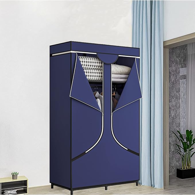 SORCEDAS Portable Wardrobe Closet Storage Organizer Metal Hanging Rack Non-Woven Fabric 34 Inch Coffee (34 Inch, Blue) - Image 3