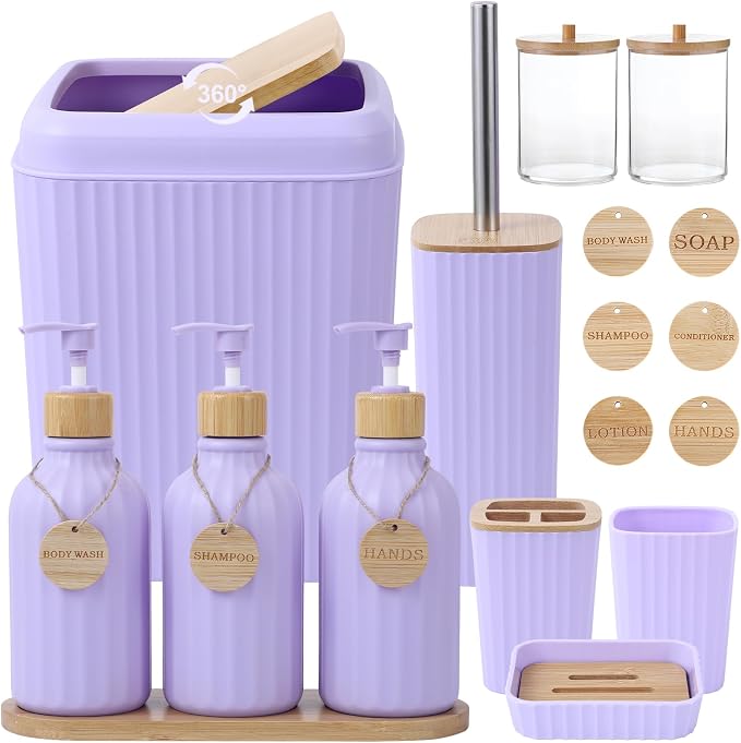 Light Purple Bathroom Accessories Set 17PCS Bathroom Set with Trash Can 3PCS Lotion Soap Dispenser, Toothbrush Holder, Soap Dish,Tumbler Cup,6PCS Wood Tags Bath Accessories with Tray for Bathroom by BetterbathroomwithXLHOME