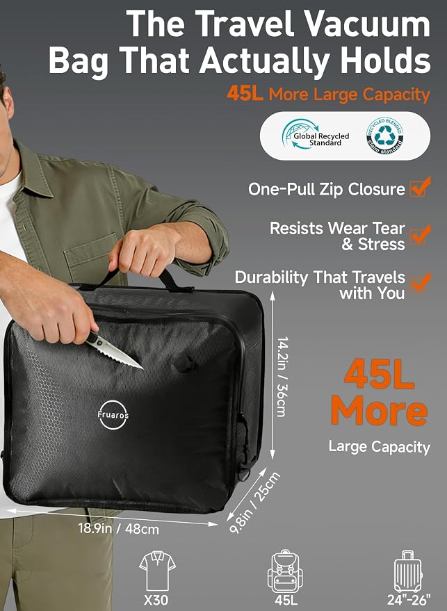 Vacuum bags for travel luggage with Wireless Pump – 270° Open, IP68 Waterproof, Reusable Compression Bags, Pack More in Carry-On & Checked Suitcases - Image 2