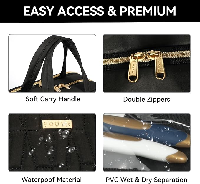 Voova Hanging Travel Toiletry Bag for Women Men, Waterproof Makeup Cosmetic Organizer Holder for Toiletries Accessories, Traveling Essentials,Shampoo,Full-Sized Container, Brushes Kit Set, Black - Image 6