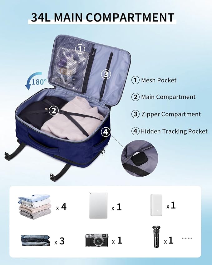 ECOHUB 19" Large Travel Backpack, Carry on Luggage Airline Approved, Water Resistant Rucksacks Fit 15.6" Laptop, AirTag Pocket, Lightweight Casual Daypack, 34L, Blue - Image 5