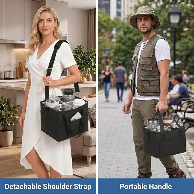 2 Pack Drink Carrier Tote Bags - 4 Water Bottle Holder with Strap, Family Size Multiple Tumbler Carrier Caddy, Hands Free, Insulated, Reusable, Foldable, Adjustable Dividers, for Car, Delivery - Image 4