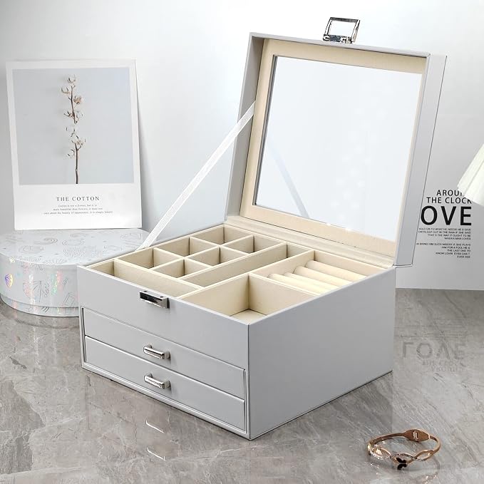 BOOVO Clear Lid Jewelry Box,3 Layers Jewelry Organizer Large Jewelry Storage Box with 2 Drawers,Jewelry Holder Organzier of Rings Earrings Necklace Bracelets for Women (Grey, 3 Layer) - Image 7