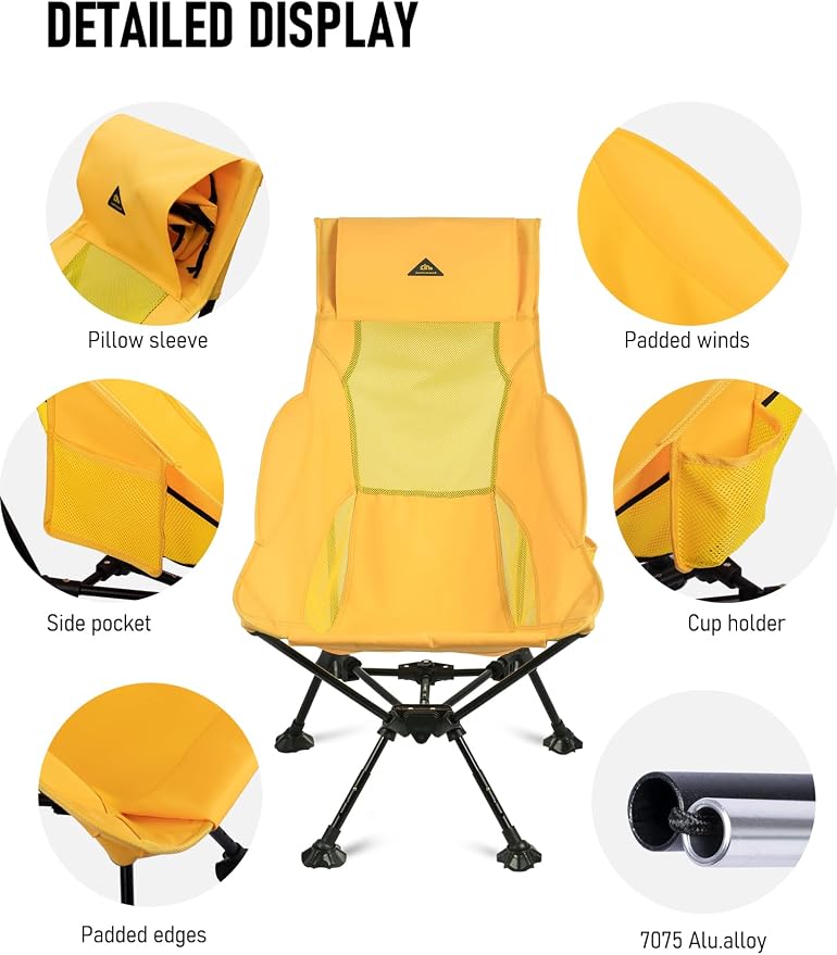 iClimb Ultralight Compact Camping Folding Beach Chair with Anti-Sinking Large Feet (Yellow - Triangular Frame High Back) - Image 6