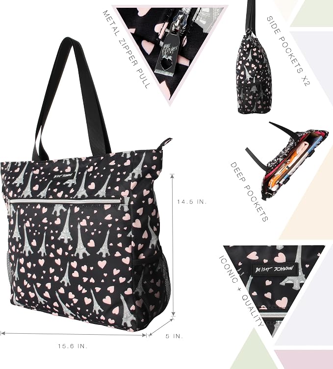 Betsey Johnson 15.6 Inch Zipper Beach Tote Bag Lightweight Large Durable Polyester with Mesh Side Pockets for Gym Work | 15.6 Inch - Image 5