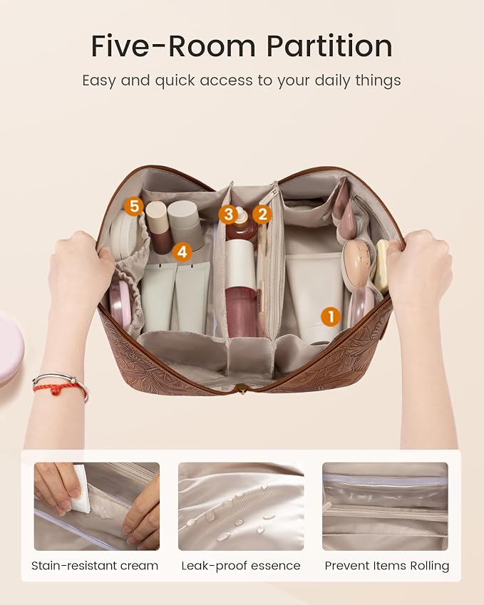 LOVEVOOK Travel Makeup Bag for Women, 2Pcs Large Capacity Cosmetic Organizer Bag, Waterproof PU Leather, Flat Open Portable Small Toiletry Pouch for Skincare, Brushes & Travel Essentials - Image 3