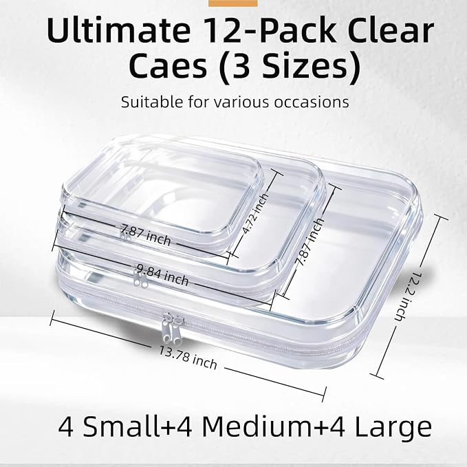 12 Pack Clear Hard Shell Zipper Case Bulk(4 Large 4 Small & 4 Medium), Hard Plastic Makeup Cases Pencil Case Organizer Pouches for Travel (4L+4M+4S) - Image 2