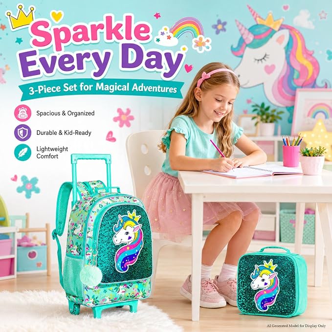 AGSDON 3PCS Rolling Backpack for Girls Boys, Kids Roller Wheels Bookbag, Wheeled School Bag with Lunch Bag - Image 8