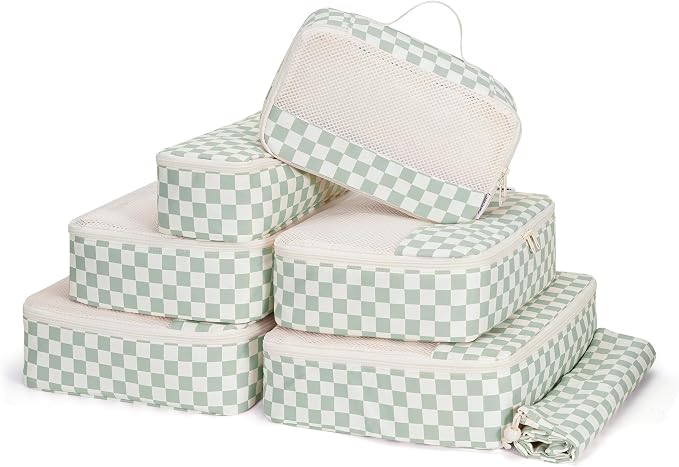 Narwey 7 Set Checkered Packing Cubes for Travel Kids Women, Durable Packing Organizer Bags for Carry on Suitcase Luggage Travel Essentials Accessories (Mint Green Checkerboard) by Narwey