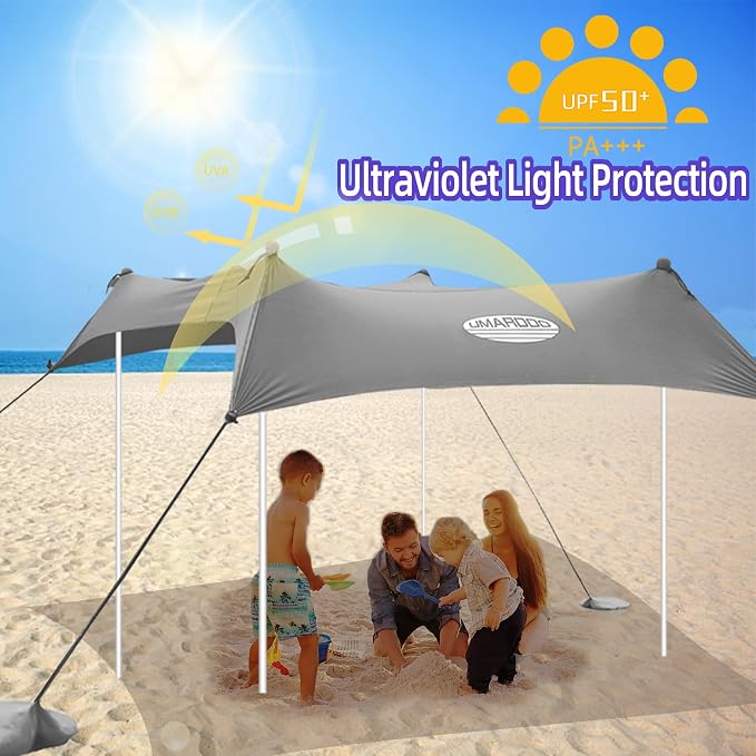 UMARDOO Family Beach Tent Canopy Sun Shade Portable, Large Compact Beach Sun Shelter Easy Setup with Packable Bag for Outdoor Travel (Grey, 10X10 FT. 4Poles) - Image 3