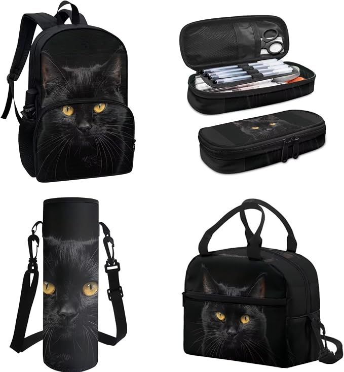 Boys Girls Black Cat Laptop Backpacks School Bag Schoolbag Handbag Pencil Case Pouch Organizer Water Bottle Holder Portable Bookbag Daypack Lunch Bags for School Travel Office Hiking - Image 2