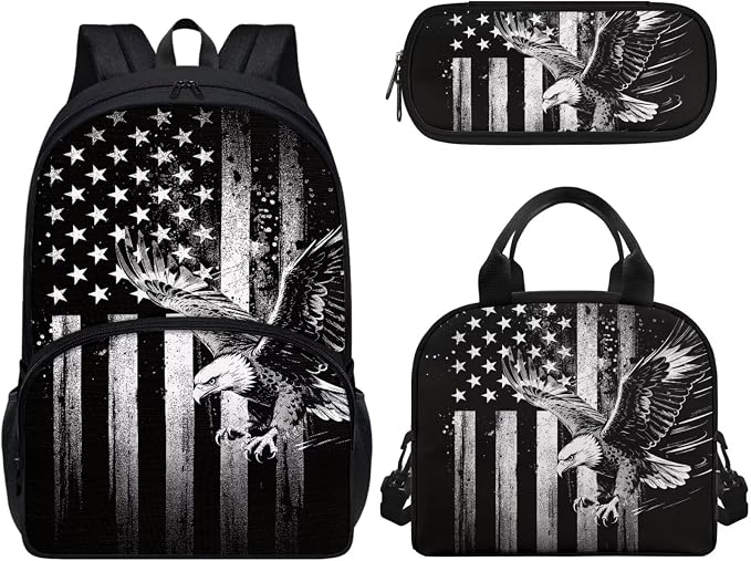 Kids Boys Backpack School Bag Set Black American Flag Eagle School Bookbag with Insulated Lunch Box Pencil Pouch Kids Lightweight School Bag Rucksack 3 Pack Set by Wideasale