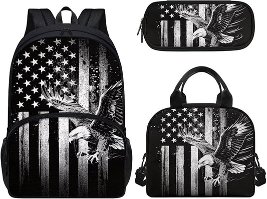 Kids Boys Backpack School Bag Set Black American Flag Eagle School Bookbag with Insulated Lunch Box Pencil Pouch Kids Lightweight School Bag Rucksack 3 Pack Set by Wideasale