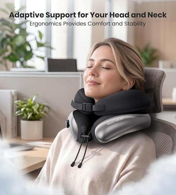 Neck Pillow, Upgraded Adjustable Travel Neck Pillow for Airplane – Patented Inflatable Design with Memory Foam for 360° Ergonomic Head & Neck Support (Black-M) - Image 3