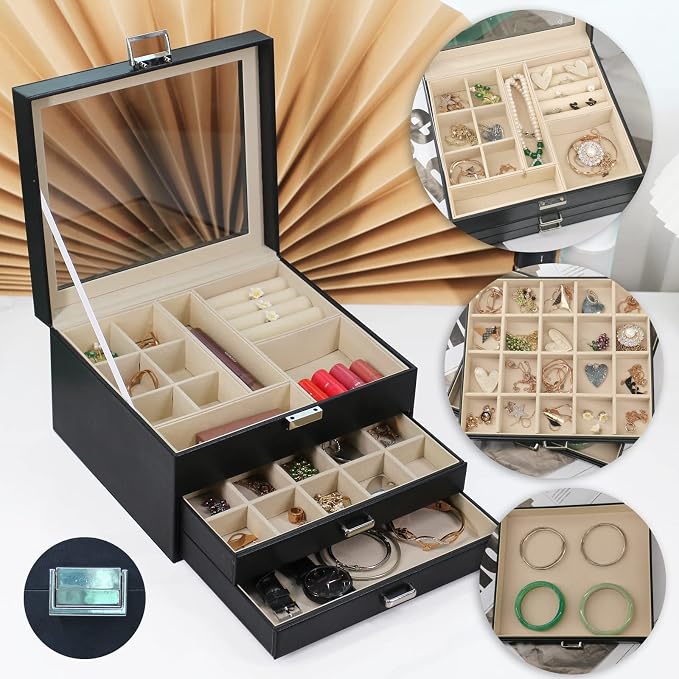 BOOVO Clear Lid Jewelry Box,3 Layers Jewelry Organizer Large Jewelry Storage Box with 2 Drawers,Jewelry Holder Organzier of Rings Earrings Necklace Bracelets for Women (Black, 3 Layer) - Image 2