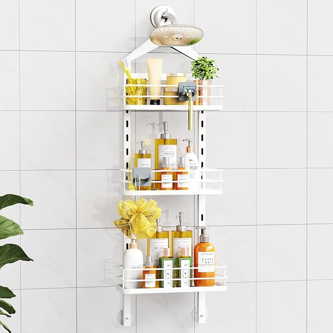 ODesign 3 Tier Adjustable Shower Caddy Hanging Over Head Anti-Swing White | Shower organizer hanging,no drilling required,comes with removable hook and storage box, suitable for indoor showers by ODesign