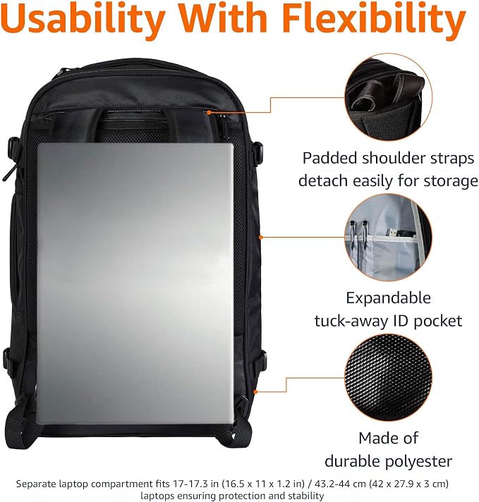 Amazon Basics Travel Backpack,Carry-On with Laptop Compartment, 1.55 cu. ft. Capacity,Expandable for 10% Extra Space,Convertible Backpack & Shoulder Bag,Multiple Pockets,13.8"W x 21.5"H x 9.5"D, Black - Image 2