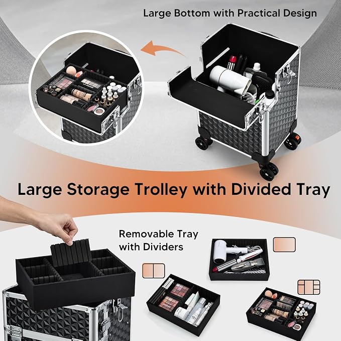 Professional Rolling Makeup Case, 3 in 1 Makeup Train Case, Cosmetology Case on Wheels, Large Makeup Trolley Salon Barber Traveling Trunk Suitcase for Makeup School Nail Tech Hairstylist MUA, Black - Image 4