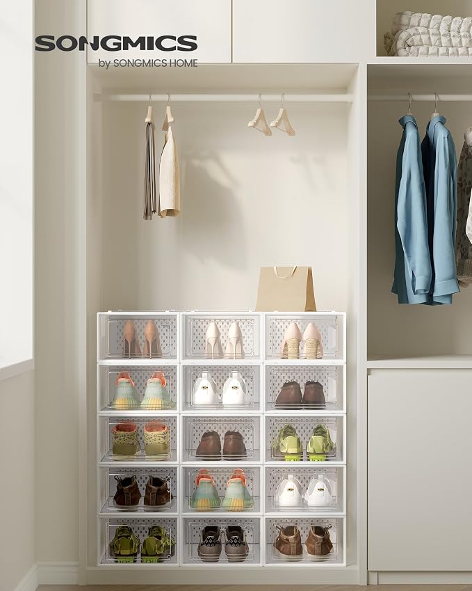 SONGMICS Shoe Boxes, Pack of 15 Shoe Storage Organizers, Stackable Clear Plastic Boxes for Closet, Sneakers, 13.1 x 9.1 x 5.6 Inches, Transparent and White ULSP015W02 - Image 2