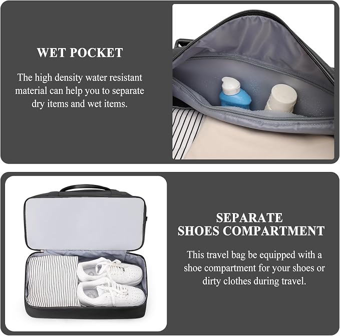 Weekender Bags for Women,Personal Item Travel Bag with Shoes Compartment | Overnight Travel Duffel Bag with Black Gray Toiletry Bag,Carry-On Bag - Image 6