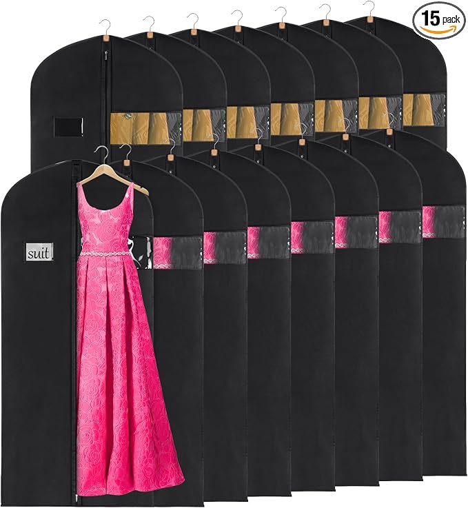 KEEGH 60'' Dress Bags for Gowns Long(Set of 15), Garment Bags for Hanging Clothes, Dress Bags for Closet Storage, Clothes Cover for Hanging Coats Dresses with Clear Window and Label Pocket, Black by KEEGH