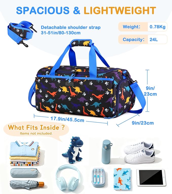Kids Duffle Bag,VASCHY Travel Bag for Boys Water Resistant Overnight Duffle Gym Sport Dance Bags with Shoes Compartment Dry and Wet Pocket Carry On Weekender Bag Blue Dinosaur - Image 2