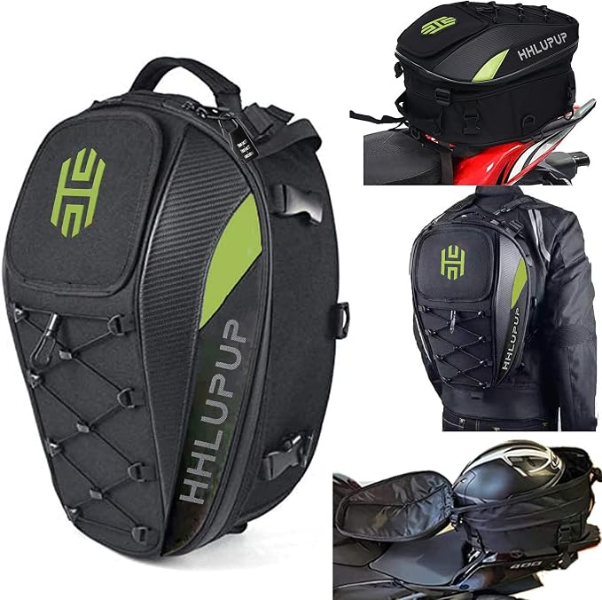 Motorcycle Tail Bag with Password Lock 25L- 38L Convertible Helmet Backpack, Waterproof Luggage Bags for Dirt Bike and Road Trip Riders Green by HHLUPUP