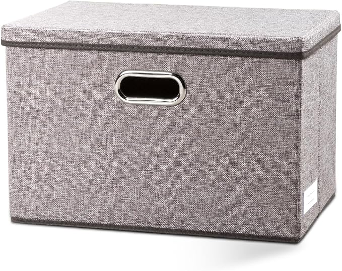 PRANDOM Large Foldable Storage Bin with Lid [1-Pack] Linen Fabric Decorative Storage Box Organizer Containers Basket Cube with Handles Divider for Bedroom Closet Office Living Room (17.7x11.8x11.8) by Prandom