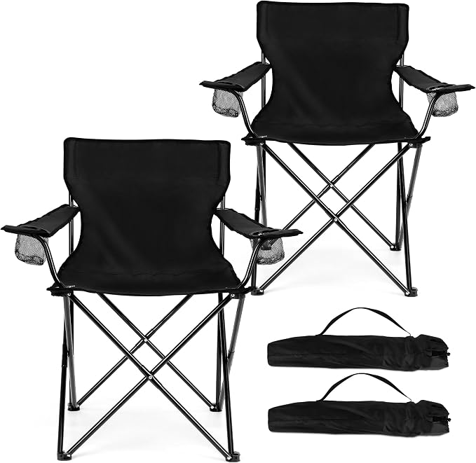 HaSteeL Large Camping Chairs, 2-Pack Portable Beach Chair for Adults, Black Folding Chair for Lawn Backyard Outdoor Fishing Hiking Travel Picnic Tailgating Sport, Carrying Bag & Cup Holder by HaSteeL