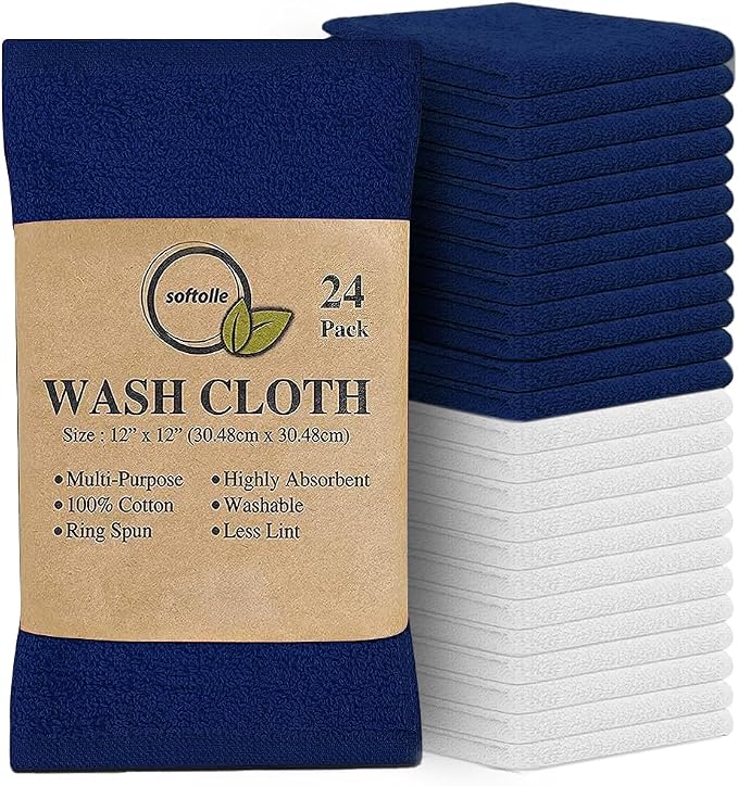 100% Cotton Washcloths 24 Pack (12x12 Inches) Soft, Highly Absorbent Washcloth, Face Towels, Wash Cloths for Face, Ring Spun, Bulk Pack (Navy Blue/White) by Softolle