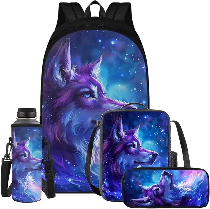 Galaxy Wolf Backpack for Girls Boys Backpack with Lunch Box Water Bottle Carrier and Pencil Pouch 4PCS Set Bookbag with Compartments for School 17 inch Large Capacity School Bag for Kids by ELEDIZI