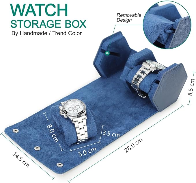 Hiram Genuine Leather Saffiano Watch Roll Travel Case, Leather 2-Watches Roll Case for Treasured Watches and Bracelets(Blue) - Image 2