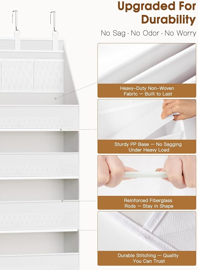 Criusia 2 Pack Over the Door Organizer, Heavy-Duty 6-Shelf Hanging Storage with 13 Mesh Pockets, 55lbs Capacity Behind the Door Storage for Nursery, Bathroom, Bedroom, and Dorm, White - Image 3