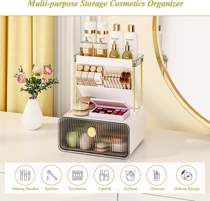 FOLLOWIN 3 Tier Makeup Organizer, Vanity Desk Cosmetic Display with Drawer | Detachable Brush Holder, Washable, Fits Bathroom Office Coffee Bar Nook, Compact Countertop Vertical Storage, Space-Saving - Image 2