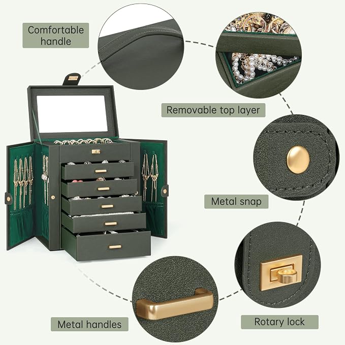 AKOZLIN 6-Tier Jewelry Box Organizer Functional 5 Drawers Leather Jewelry Storage Case for Women Girls Ring Necklace Earring Bracelet Holder Organizer with Mirror Medium Dark Green - Image 2