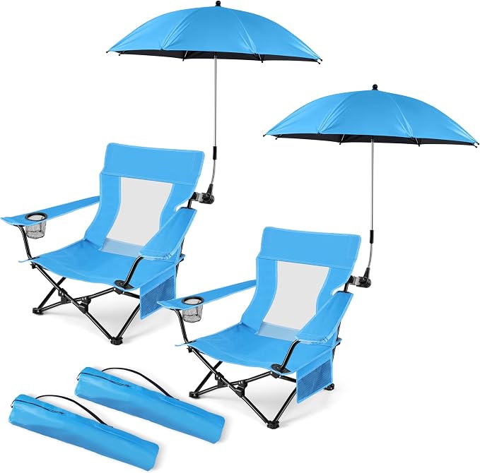 HaSteeL Low Beach Chair Set of 2, Foldable Blue Camping Chair with Adjustable Umbrella Set for Adults, Lightweight Portable Lawn Chairs for Fishing, Picnic, Outdoor BBQ, Travel, Sports by HaSteeL
